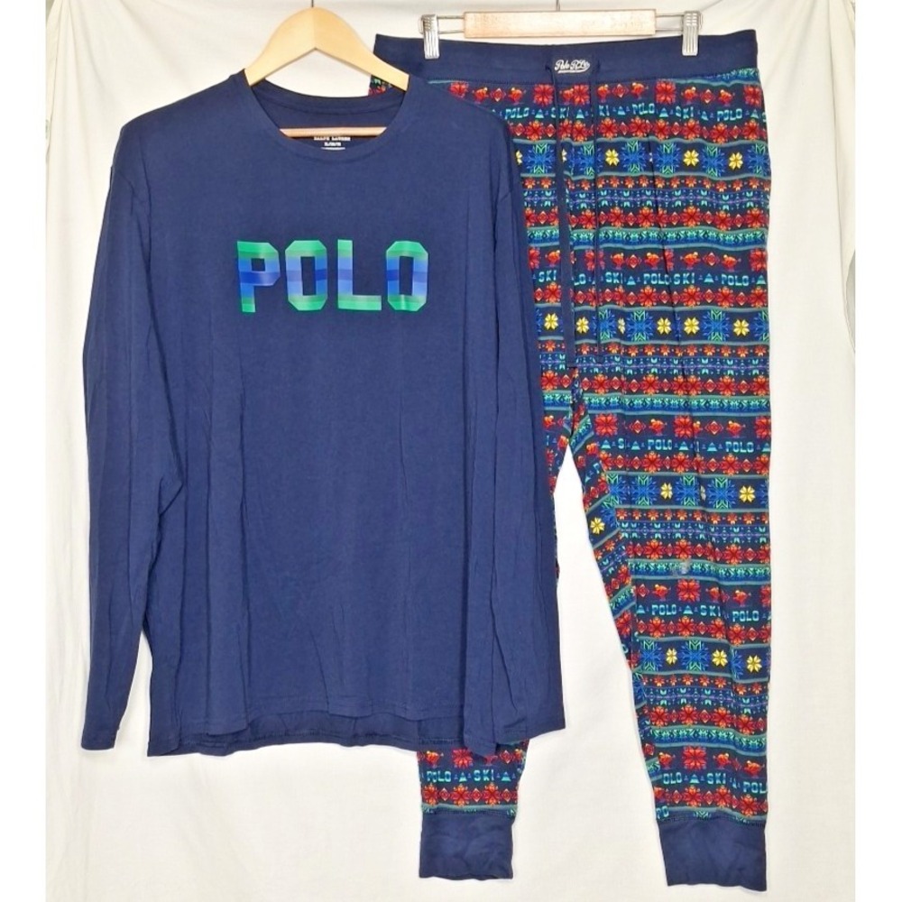 Polo Ralph Lauren XL Logo Colorful‎ Long Sleeve Tee Jogger Pants Pajama Set Knit